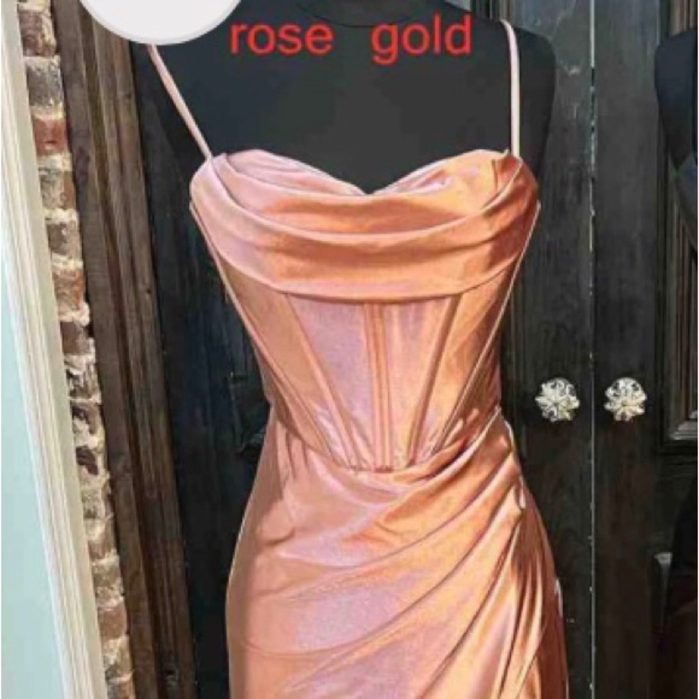 Size 4-6- Rose gold maxi corset style cowl neck Maxi with high slit Gown